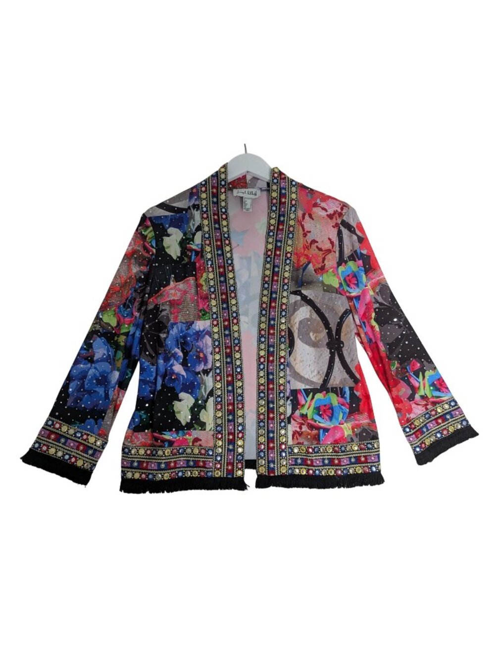 Vtg Joseph Ribkoff Sz 10 Multicolor Patchwork Art-To-Wear Open-Front Jacket With